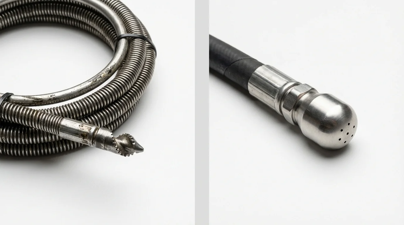 Drain snake cable and hydro jetting nozzle used for drain cleaning in Orange, CT