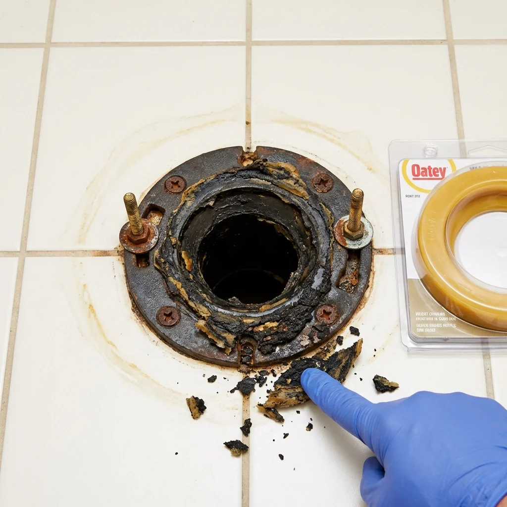 Failed wax ring showing water seepage at the base of a toilet in a Orange, CT home