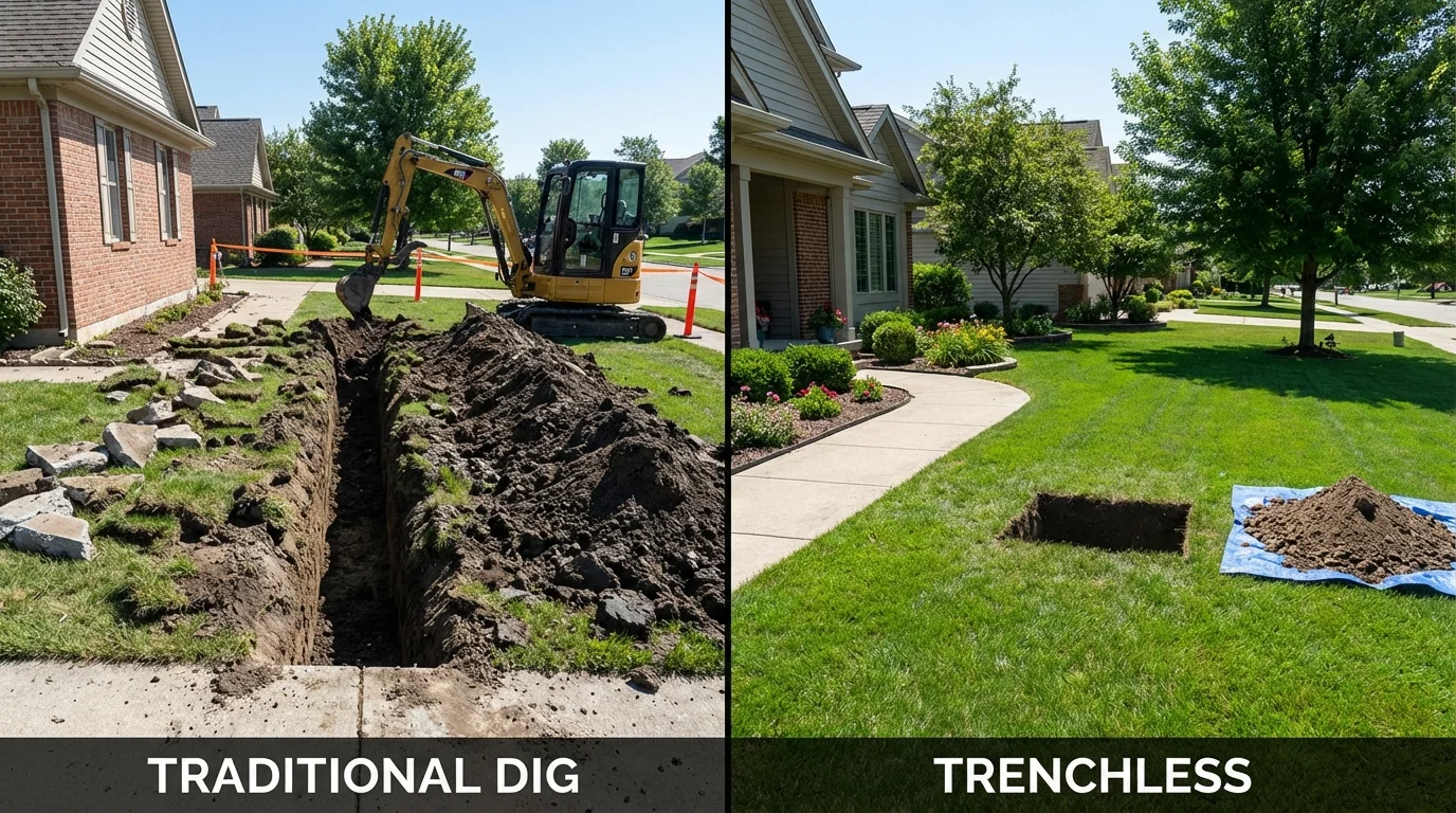 Trenchless sewer repair with minimal yard damage versus traditional excavation in Orange, CT