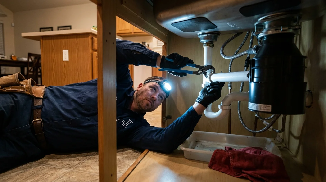P-trap and supply line connections under a kitchen sink showing a common leak point in Orange, CT